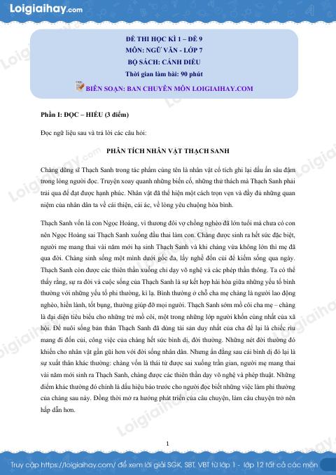 Đề thi học kì 1 Văn 7 Cánh diều - Đề số 9